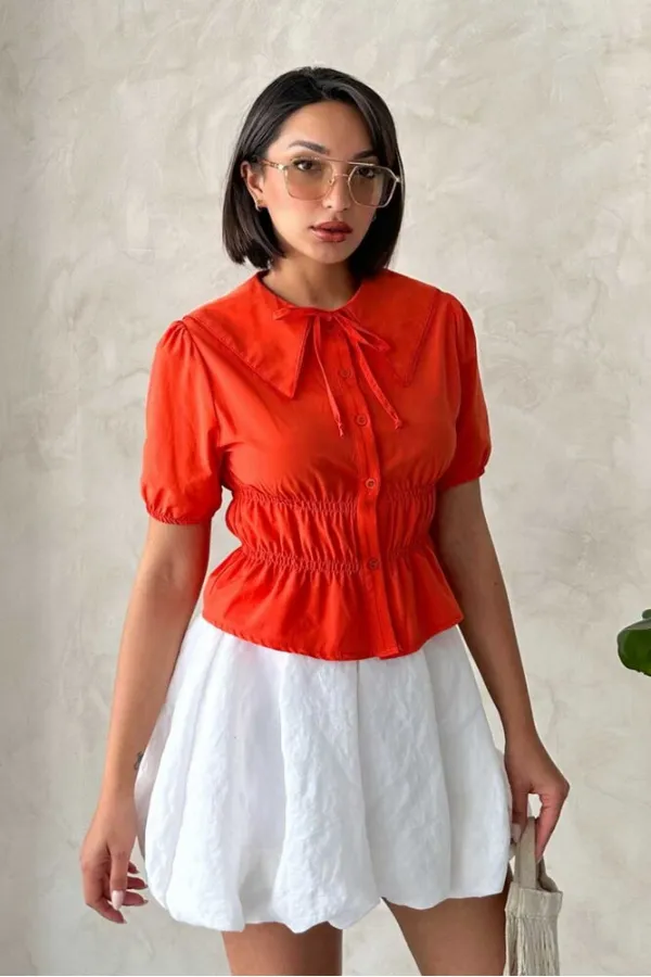 Yaka Detaylı Büzgülü Gömlek - Oranj Topshow
