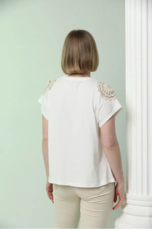 Topshow Krem Omuzu Dantelli Toptan T-Shirt