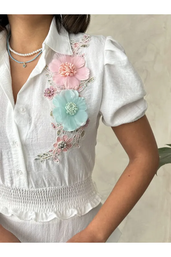 Topshow Cream Floral Chest Linen Wholesale Shirt