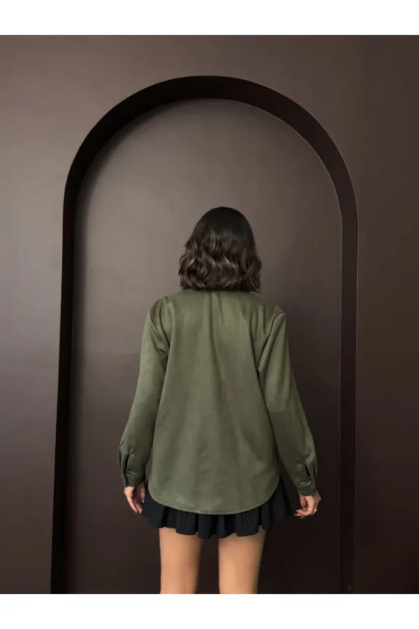 Topshow Nakışlı Scuba Süet Gömlek - Haki | F2024