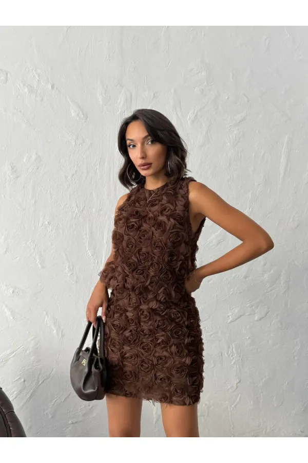 Topshow - Toptan Gül Desenli Tül Etek - Kahve