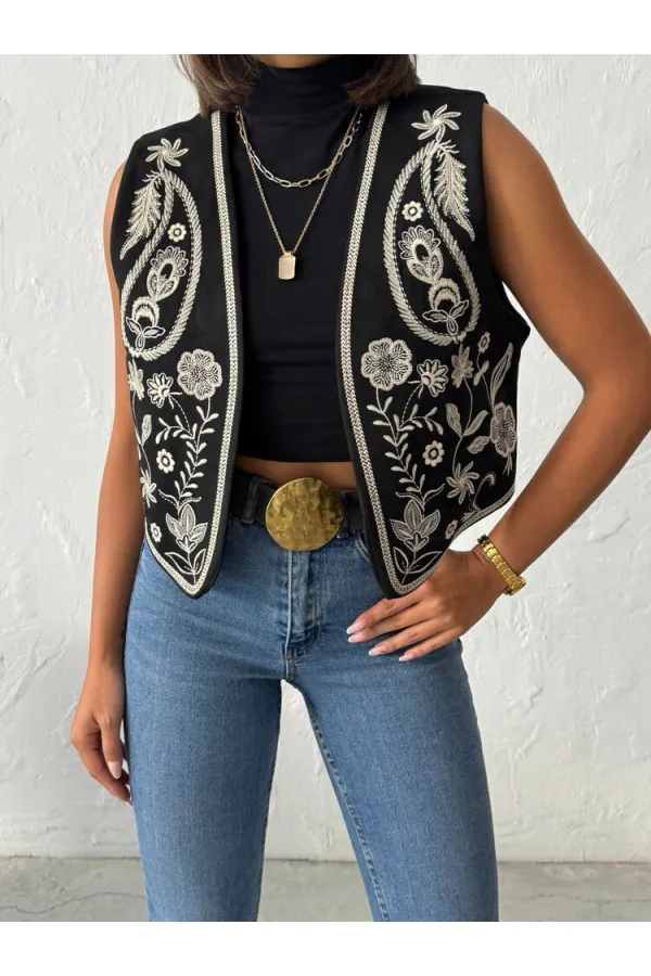 Topshow - Wholesale Embroidered Suede Vest - Western Style Elegance - Black