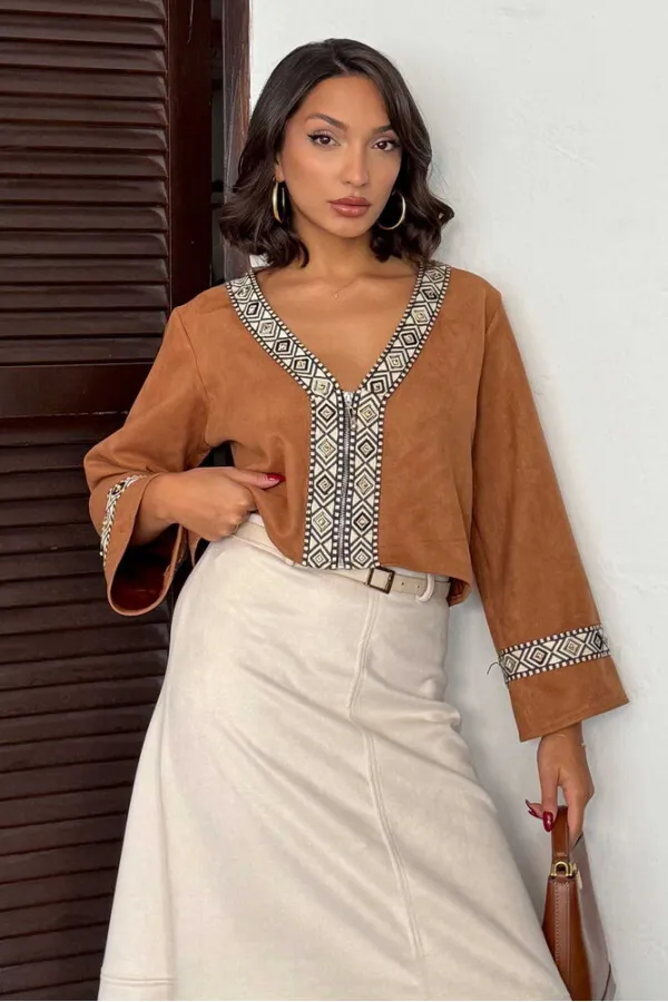 Topshow Şerit Detaylı Scuba Süet Fermuarlı Ceket - TABA | F1971