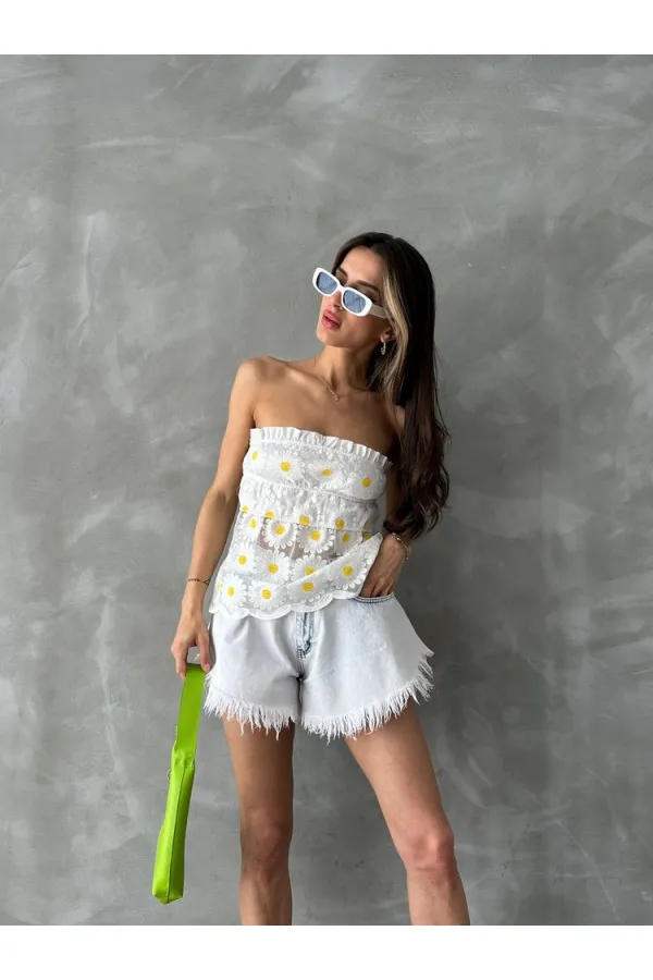 Daisy Patterned Wholesale Bustier - Cream | TOPSHOW