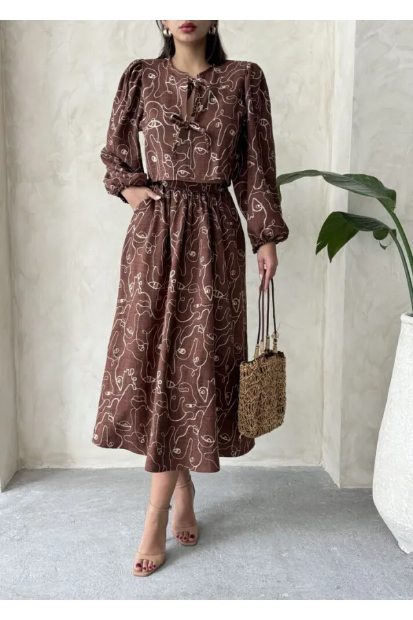 Nakışlı Toptan Etek - Kahve | Topshow | F1901