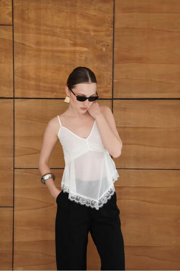 Askılı Dantel Detaylı Tül Toptan Bluz - Krem | D2979 - Topshow