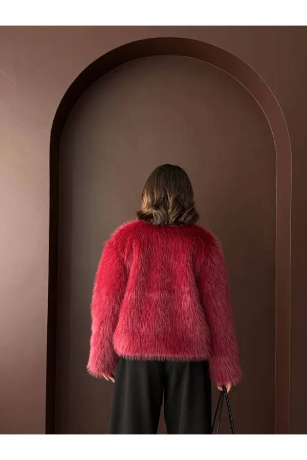 Topshow - Toptan Tavşan Tüyü Dügmeli Kaban - Bordo