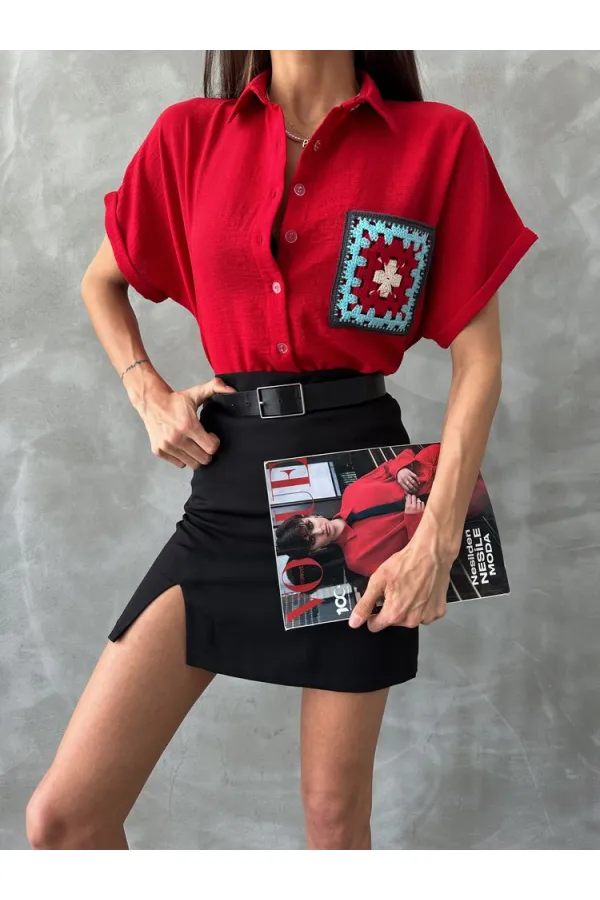 Topshow Kırmızı  Çiçek Cepli Toptan Gömlek