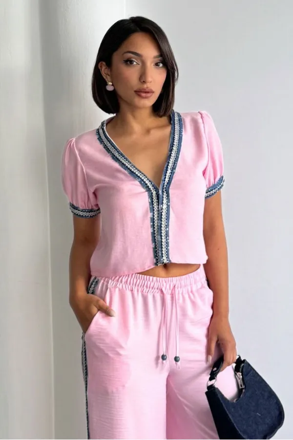 Veste en jean rose à détails | Topshow