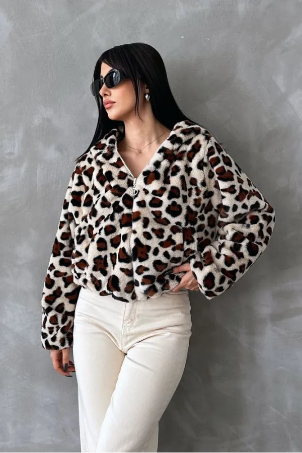Bskılı Pejuş Toptan Mont - Açık Taş Leopar | TOPSHOW | F1654