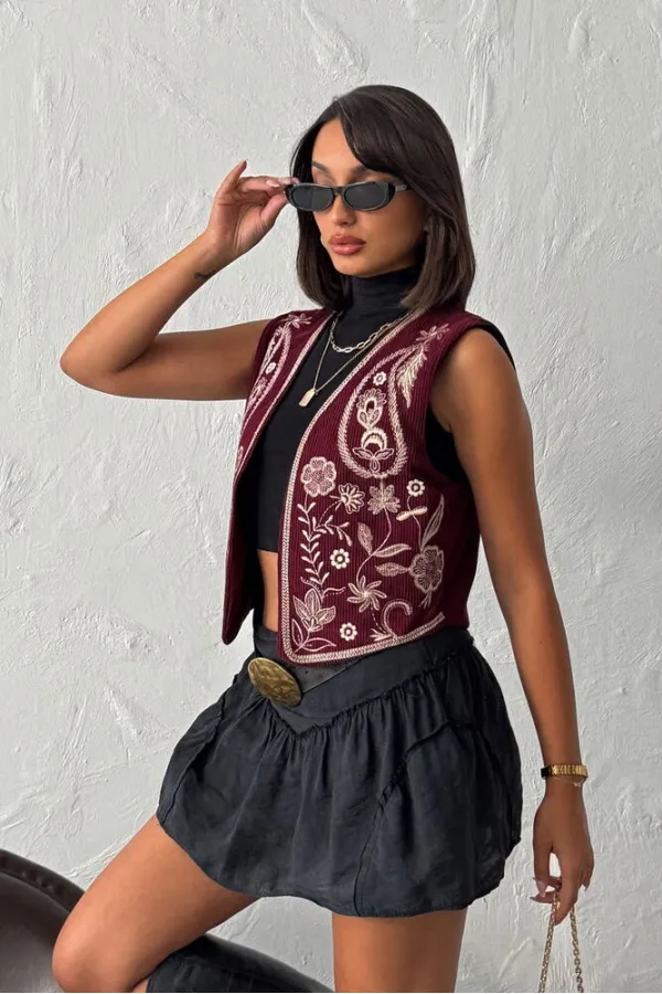 Topshow - Toptan Fitili Kadife Nakışlı Yelek - Bordo