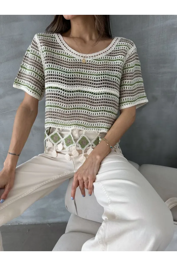 Topshow Emerald Mesh Bottom Pompom Wholesale Blouse