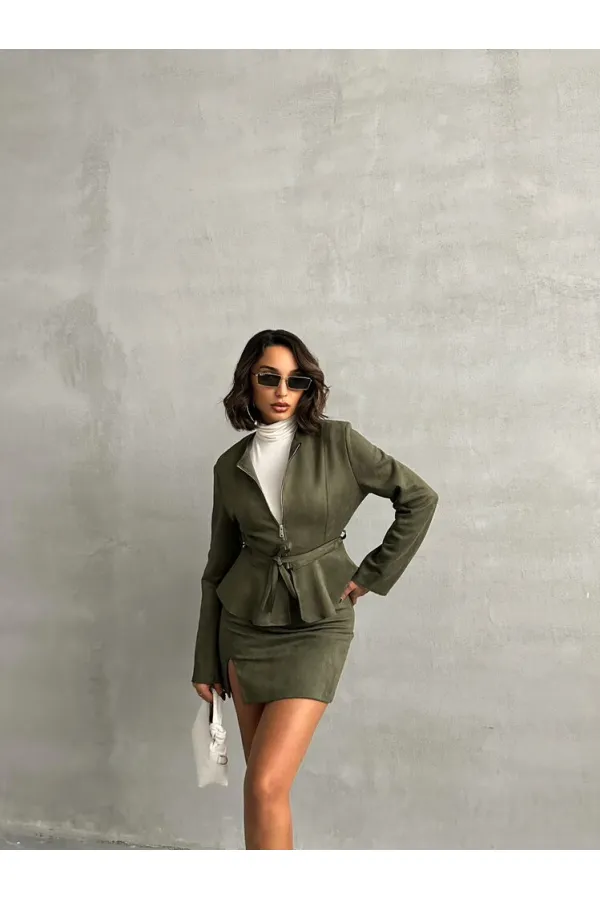 Suede Zippered Wholesale Blouse - Khaki | TOPSHOW | F1760