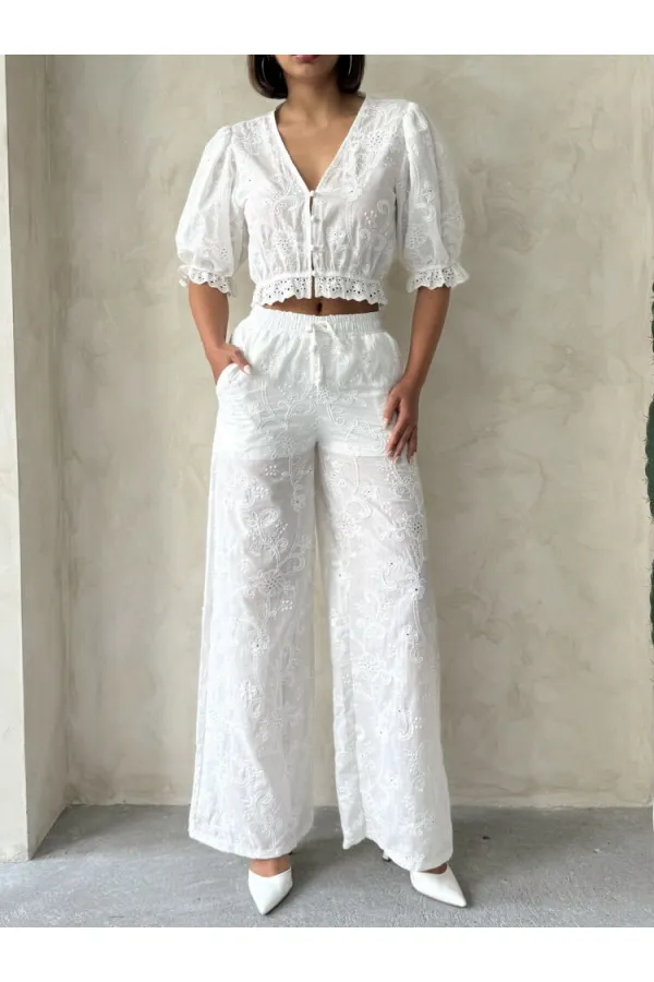 Nakışlı  Pantolon - Krem | Topshow