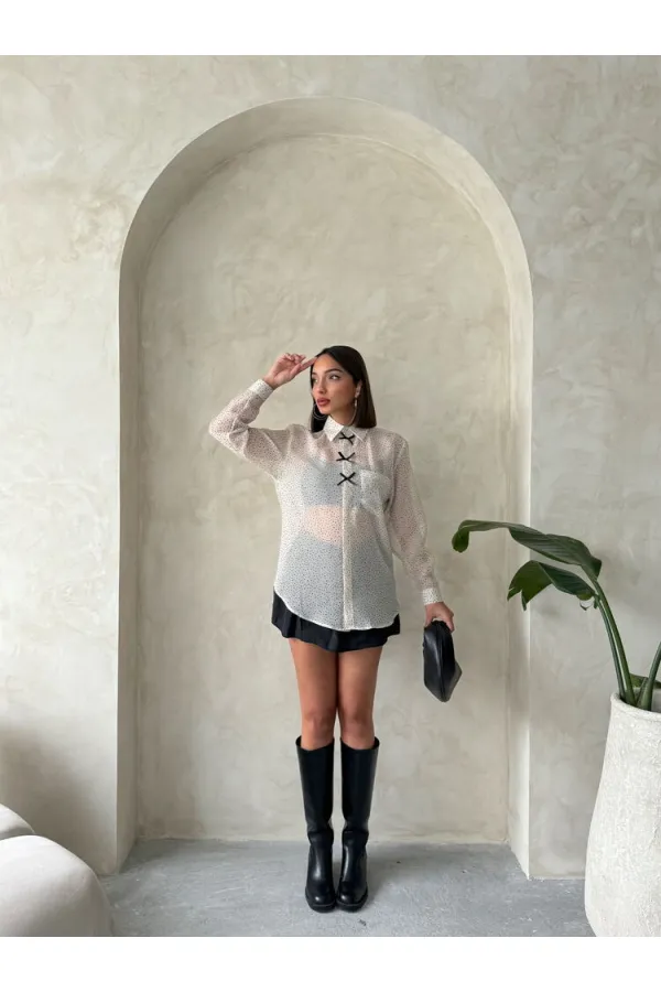 Chemise en mousseline à pois avec nœud décoratif - Gris pierre | TOPSHOW | F1881