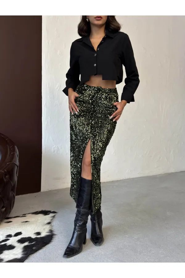 F 2053 SEQUINED VELVET LONG SKIRT - KHAKI