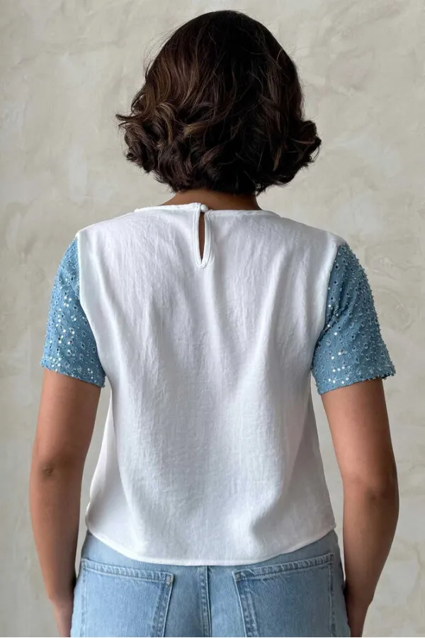 Kot Detaylı Toptan T-Shirt - Krem Mavi | Topshow