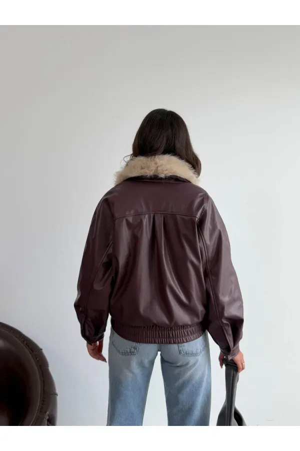 Veste en cuir croisée à col en fourrure Topshow - Bordeaux | F2050