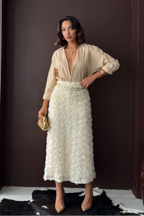 Topshow - Toptan Gül Süzüneli Etek - KREM