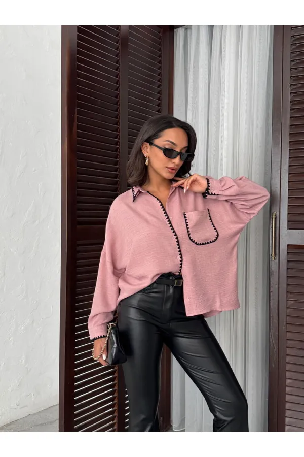 Topshow Powder Pink Black Embroidered Pocketed Linen Wholesale Shirts