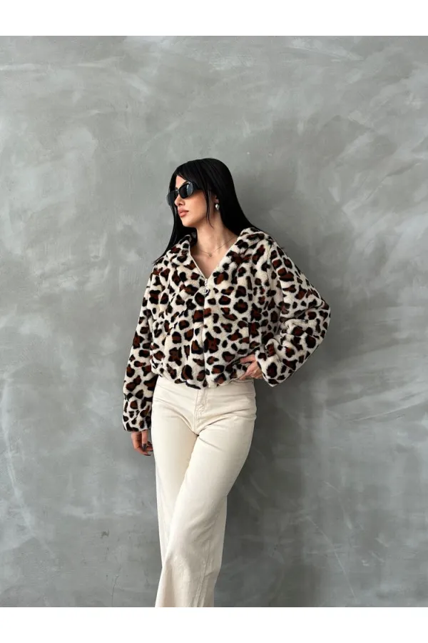 Bskılı Pejuş Toptan Mont - Açık Taş Leopar | TOPSHOW | F1654