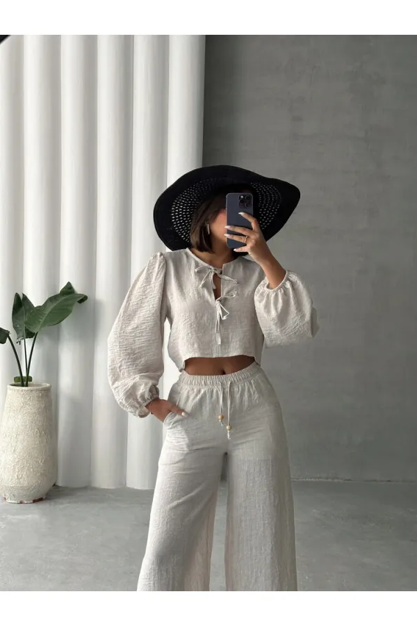 Glitter Striped Front Tie Wholesale Blouse - Stone Silver | TOPSHOW | F1804