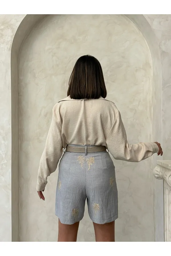 Kemer Detaylı Nakışlı Keten Şort - Gri | Topshow