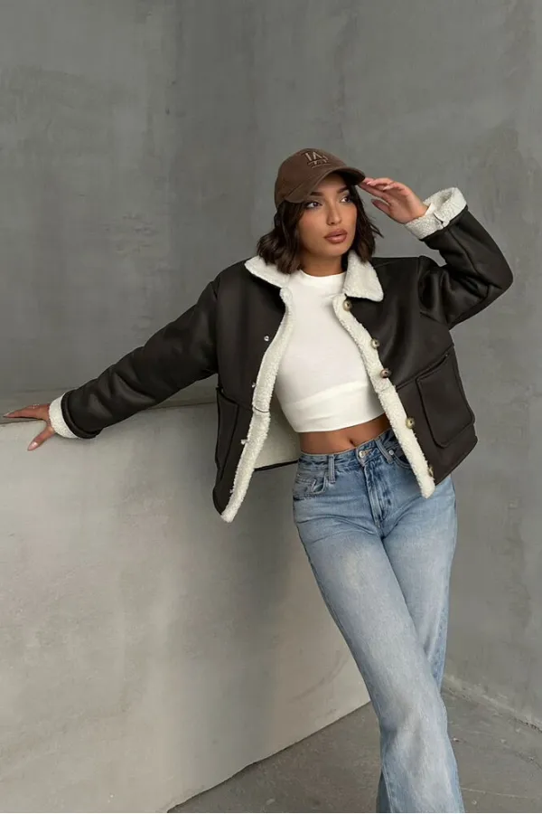 Manteau à col en fourrure nubuck en gros - Crème kaki | TOPSHOW | F1553