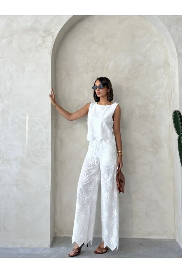Nakışlı Pantolon - Beyaz | Topshow