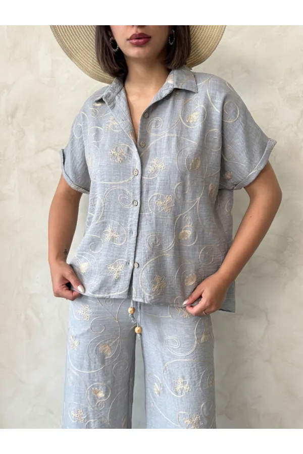 Nakışlı Toptan Gömlek - Gri Dsn2 | Topshow