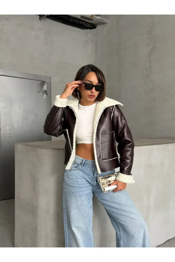 Manteau zippé en cuir laminé - Crème café | TOPSHOW | F1511