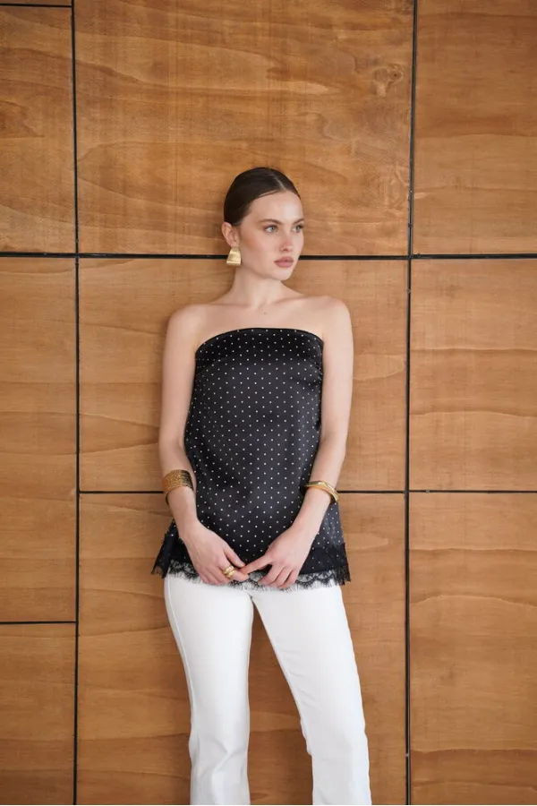 Bustier en satin noir à pois et détails en dentelle | D2963 - Topshow
