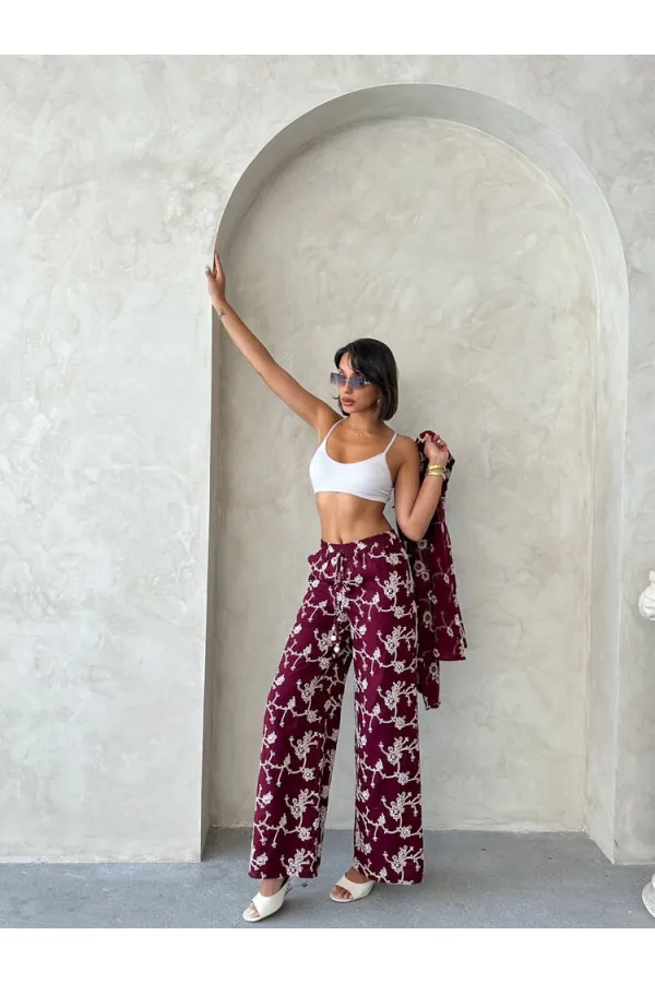 Süzüne Embroidered Trousers - Claret Red | Topshow | F1927