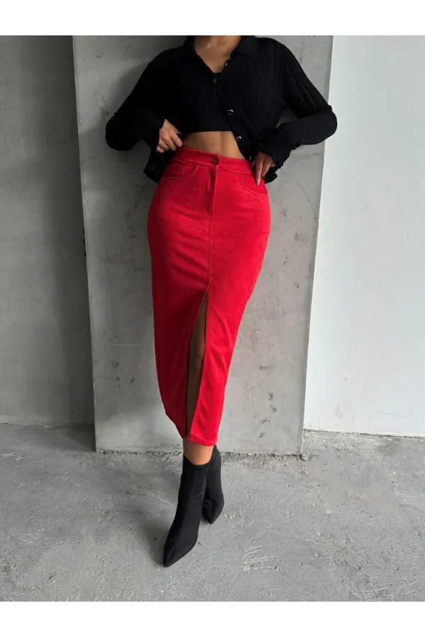 Süet Toptan Etek - Kırmızı | TOPSHOW | F1761