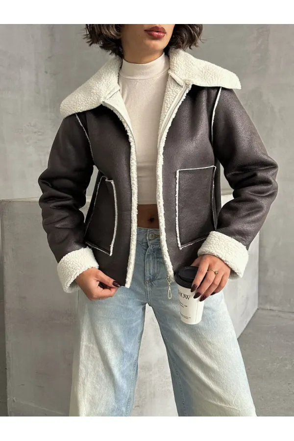 Süet Peluş Toptan Mont - Haki Krem | TOPSHOW | F1856