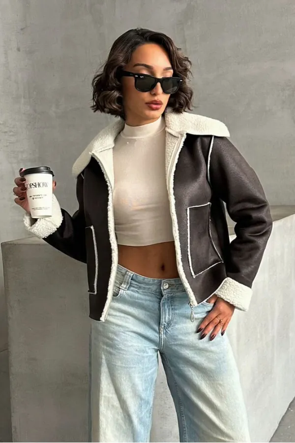 Süet Peluş Toptan Mont - Haki Krem | TOPSHOW | F1856