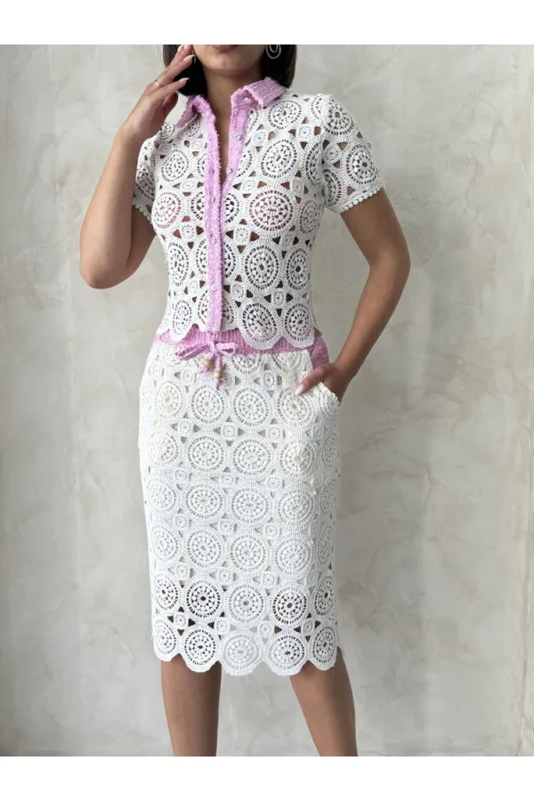 Kot Detaylı Dantel Uzun Etek - Ham Pembe | Topshow