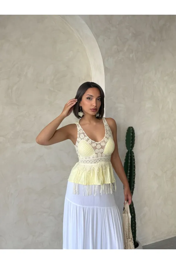 Güpür Detaylı Askılı Toptan Bluz   Sarı | Topshow