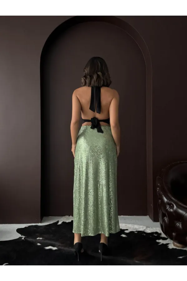 Topshow Haki Payetli Uzun Etek - Yüksek Bel, Şık Gece Elbisesi Kombini