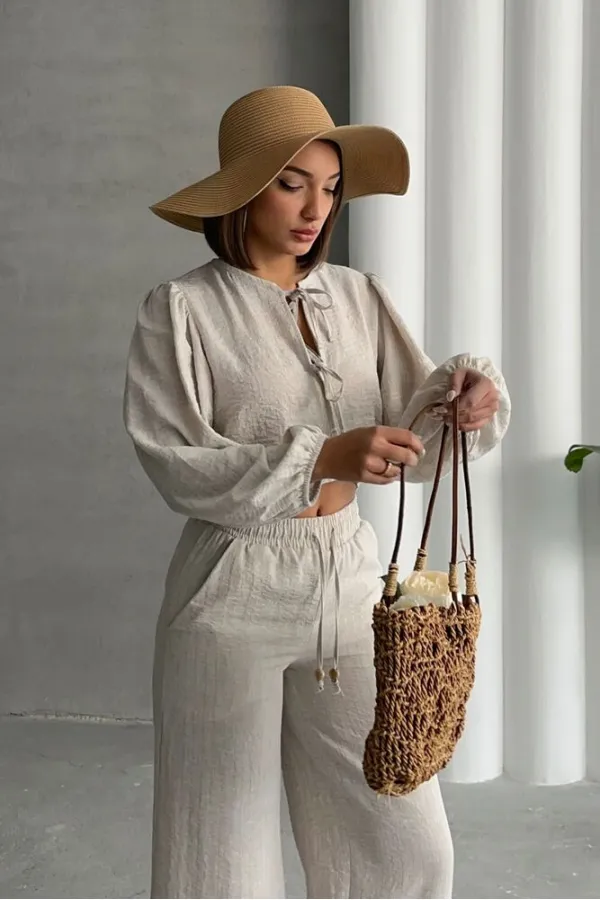 Glitter Striped Front Tie Wholesale Blouse - Stone Gold | TOPSHOW | F1804