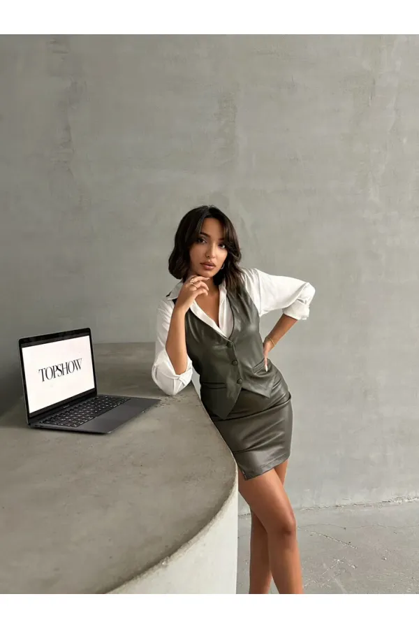 Düğmeli Deri Toptan Yelek - Haki | TOPSHOW | F1503