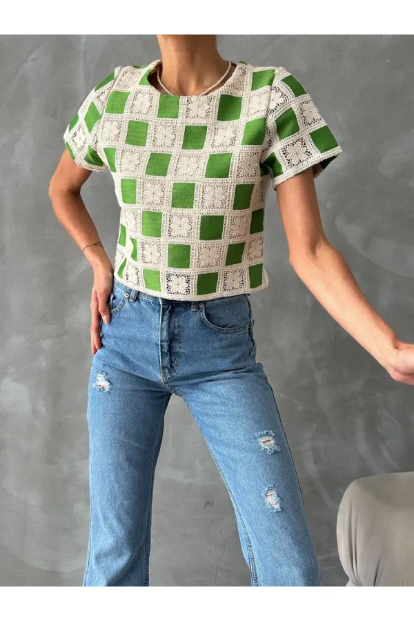 Topshow Raw Emerald Short Sleeve Checkerboard Pattern Crochet Wholesale Blouse
