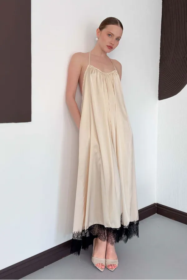 D 3022 DANTEL DETAYLI SATEN ELBİSE - TAŞ