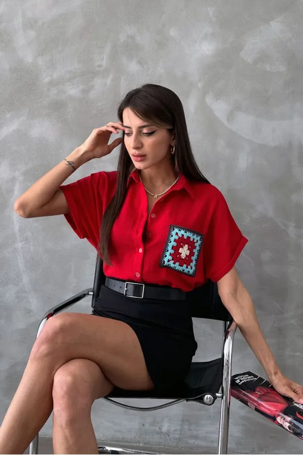 Topshow Kırmızı  Çiçek Cepli Toptan Gömlek