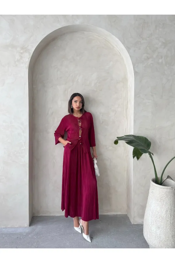 Tie Front Pleated Shirt - Claret Red | Topshow | F1739