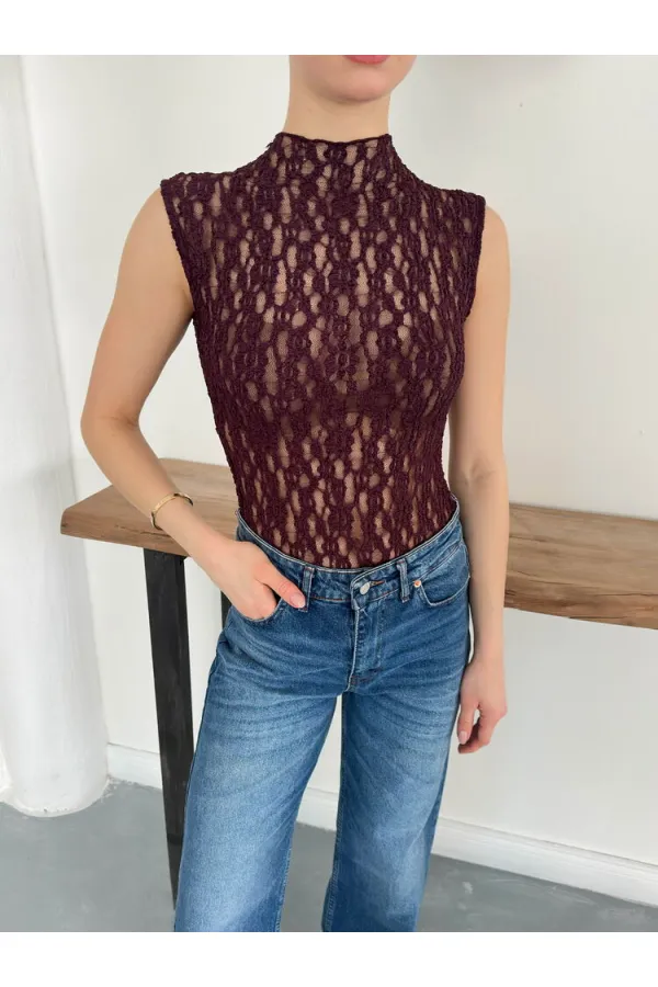 Sıfır Kol Dantel Bluz - Bordo | Topshow