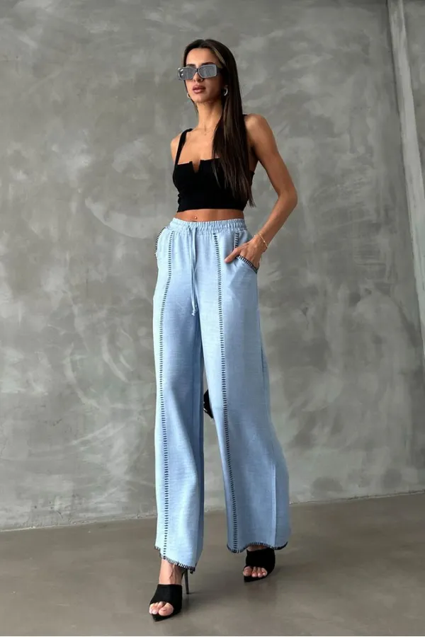 Nakışlı Keten Boru Paça Toptan Pantolon - Mavi | TOPSHOW | F1675