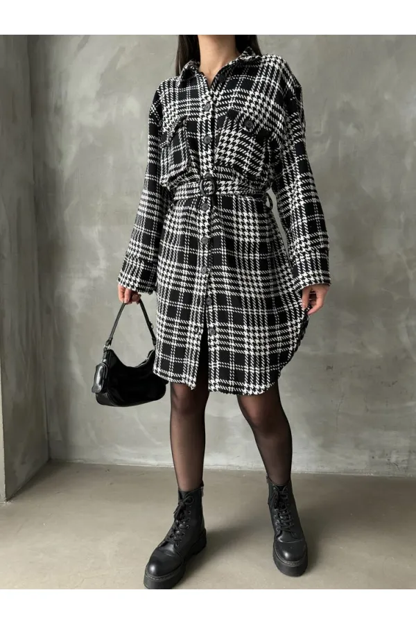 Kazayağı Ekose Toptan Elbise - Siyah Ekose Kazayağı | TOPSHOW | F1118