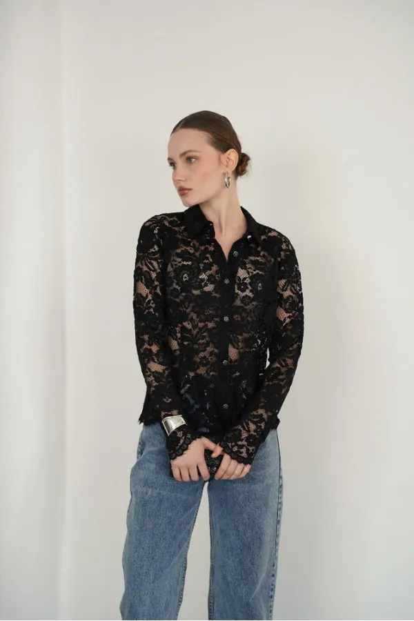 Chemises en dentelle brodée en gros - Noires | F2081 - Topshow