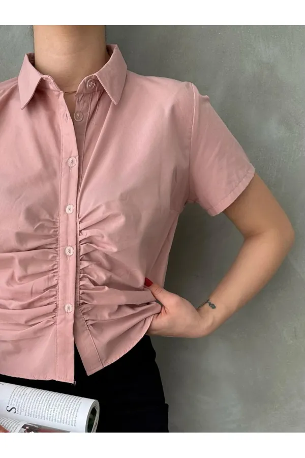 Topshow Powder Gipel Front Gathered Wholesale Blouse